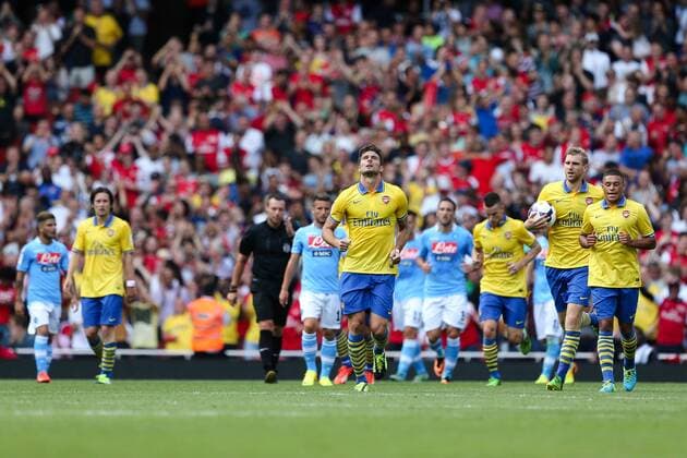 Olivier Giroud of Arsenal celebrates scoring - Arsenal v Napoli - Emirates Cup - Day 1 - Emirates Stadium - London - 3rd August 2013 - - CharlieForgham-Bailey Sportimage EDITORIAL USE ONLY. No use with unauthorised audio, video, data, fixture lists, club league logos or live services. Online in-match use limited to 120 images, no video emulation. No use in betting, games or single club league player publications.