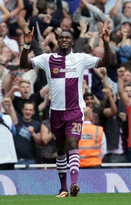 Arsenal FC London v Aston Villa . . London, UK . . 17.08.2013 Christian Benteke celebrates scoring a goal for Aston Villa. 1-2