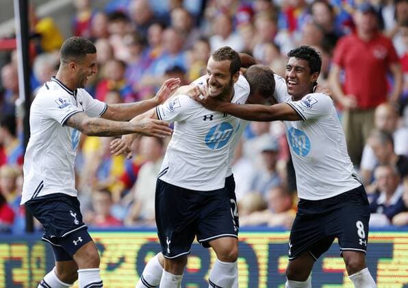 Tottenham s Roberto Soldado celebrates scoring his sides opening goal with Paulinho Crystal Palace v Tottenham Hotspur - Barclays Premiership - Selhurst Park - London - England -18 08 2013 - Pic David Klein Sportimage EDITORIAL USE ONLY. No use with unauthorised audio, video, data, fixture lists, club league logos or live services. Online in-match use limited to 120 images, no video emulation. No use in betting, games or single club league player publications.