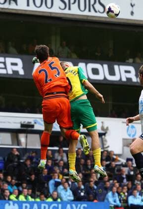 Tottenham Hotspur v Norwich City . . London, UK . . 14.09.2013 Hugo Lloris (TH) clatters into Ricky van Wolfswinkel (NC)