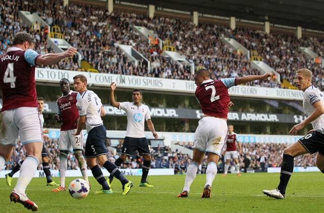 West Ham s Winston Reid scoring his sides opening goal Tottenham Hotspur - West Ham United - Premier League - White Hart Lane - London - England -06 10 2013 - xDavidxKleinx EDITORIAL USE ONLY. No use with unauthorised audio, video, data, fixture lists, club league logos or live services. Online in-match use limited to 120 images, no video emulation. No use in betting, games or single club league player publications.