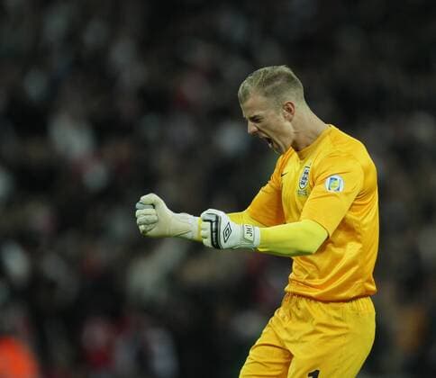 England v Montenegro - World Cup Qualifier . . Wembley, London, UK . . 11.10.2013 Joe Hart (E) celebrates the third England goal.