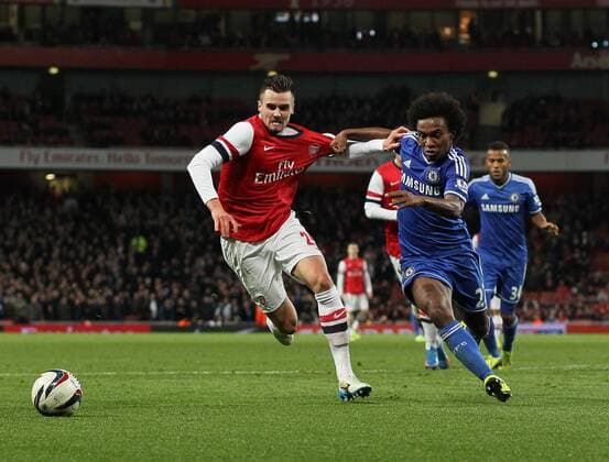 Arsenal s Carl Jenkinson tussles with Chelsea s Willian Arsenal v Chelsea - Capital One Cup Fourth Round - The Emirates - London - England -29 10 2013 - Pic David Klein Sportimage EDITORIAL USE ONLY. No use with unauthorised audio, video, data, fixture lists, club league logos or live services. Online in-match use limited to 120 images, no video emulation. No use in betting, games or single club league player publications.