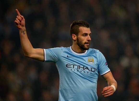 Alvaro Negredo of Manchester City celebrates scoring the fourth goal - UEFA Champions League Group D - Manchester City vs CSKA Moscow - Etihad Stadium - Manchester - England - 05 11 13 - EDITORIAL USE ONLY. No use with unauthorised audio, video, data, fixture lists, club league logos or live services. Online in-match use limited to 120 images, no video emulation. No use in betting, games or single club league player publications.