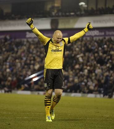 Aston Villa goalkeeper Brad Guzan celebrates his side s second goal - Football - Barclays Premiership - West Bromwich Albion vs Aston Villa - The Hawthorns West Bromwich - November 25th 2013 - Season 2013 14 Credit: Malcolm Couzens Sportimage EDITORIAL USE ONLY. No use with unauthorised audio, video, data, fixture lists, club league logos or live services. Online in-match use limited to 120 images, no video emulation. No use in betting, games or single club league player publications.