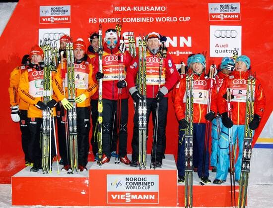 SKI NORDISCH - FIS WC Kuusamo, Nordic Opening KUUSAMO,FINNLAND,01.DEZ.13 - SKI NORDISCH, NORDISCHE KOMBINATION - FIS Weltcup, Nordic Opening, Teambewerb, 4x5km, Siegerehrung. Bild zeigt Eric Frenzel, Manuel Faisst, Björn Kircheisen und Johannes Rydzek (GER), Magnus Krog, Jörgen Graabak, Haavard Klemetsen und Mikko Kokslien (NOR), Yoshito Watabe, Hideaki Nagai, Akito Watabe und Taihei Kato (JPN)