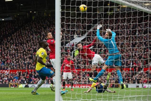 Robin van Persie of Manchester United heads the ball into the goal but has it ruled offside - Manchester United vs. Newcastle United - Barclays Premier League - Old Trafford - Manchester - 04 12 2013 Pic Philip Oldham Sportimage EDITORIAL USE ONLY. No use with unauthorised audio, video, data, fixture lists, club league logos or live services. Online in-match use limited to 120 images, no video emulation. No use in betting, games or single club league player publications.