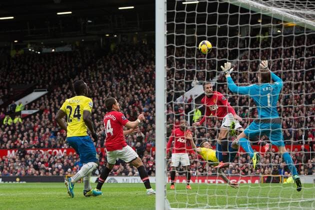 Robin van Persie of Manchester United heads the ball into the goal but has it ruled offside - Manchester United vs. Newcastle United - Barclays Premier League - Old Trafford - Manchester - 04 12 2013 Pic Philip Oldham Sportimage EDITORIAL USE ONLY. No use with unauthorised audio, video, data, fixture lists, club league logos or live services. Online in-match use limited to 120 images, no video emulation. No use in betting, games or single club league player publications.