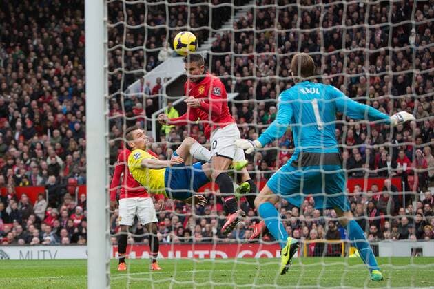 Robin van Persie of Manchester United heads the ball into the goal but has it ruled offside - Manchester United vs. Newcastle United - Barclays Premier League - Old Trafford - Manchester - 04 12 2013 Pic Philip Oldham Sportimage EDITORIAL USE ONLY. No use with unauthorised audio, video, data, fixture lists, club league logos or live services. Online in-match use limited to 120 images, no video emulation. No use in betting, games or single club league player publications.