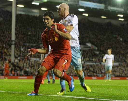 Luis Suarez of Liverpool celebrates the third goal - Barclays Premier League - Liverpool vs West Ham Utd - Anfield Stadium - Liverpool - England - 7th December 2013 - Picture Simon Bellis Sportimage EDITORIAL USE ONLY. No use with unauthorised audio, video, data, fixture lists, club league logos or live services. Online in-match use limited to 120 images, no video emulation. No use in betting, games or single club league player publications.