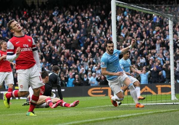 Manchester City s Alvaro Negredo celebrates scoring his sides second goal Manchester City vs Arsenal - Premier League - Etihad Stadium - Manchester - England - 14 12 2013 - Pic David Klein Sportimage EDITORIAL USE ONLY. No use with unauthorised audio, video, data, fixture lists, club league logos or live services. Online in-match use limited to 120 images, no video emulation. No use in betting, games or single club league player publications.