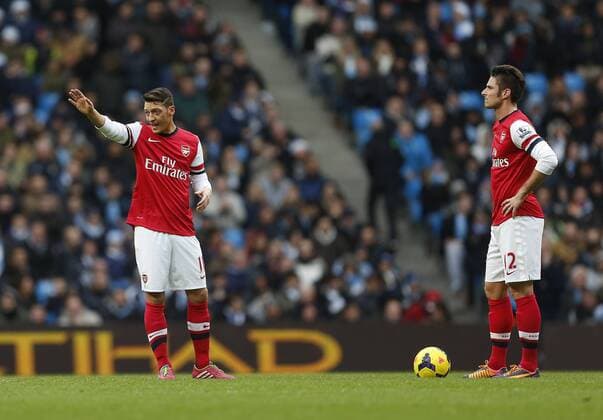 Arsenal s Mesut Ozil and Olivier Giroud look on dejected after going 1-0 down Manchester City vs Arsenal - Premier League - Etihad Stadium - Manchester - England - 14 12 2013 - EDITORIAL USE ONLY. No use with unauthorised audio, video, data, fixture lists, club league logos or live services. Online in-match use limited to 120 images, no video emulation. No use in betting, games or single club league player publications.