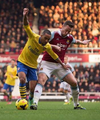 Arsenal s Theo Walcott and West Ham s Kevin Nolan - West Ham vs. Arsenal - Barclays Premier League - Boleyn Ground - London - 26 12 2013 Pic Philip Oldham Sportimage EDITORIAL USE ONLY. No use with unauthorised audio, video, data, fixture lists, club league logos or live services. Online in-match use limited to 120 images, no video emulation. No use in betting, games or single club league player publications.