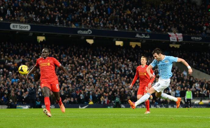 Alvaro Negredo of Manchester City scores their second goal - Barclays Premier League - Manchester City vs Liverpool - Etihad Stadium - Manchester - England - 26th December 2013 - Picture Simon Bellis Sportimage EDITORIAL USE ONLY. No use with unauthorised audio, video, data, fixture lists, club league logos or live services. Online in-match use limited to 120 images, no video emulation. No use in betting, games or single club league player publications.