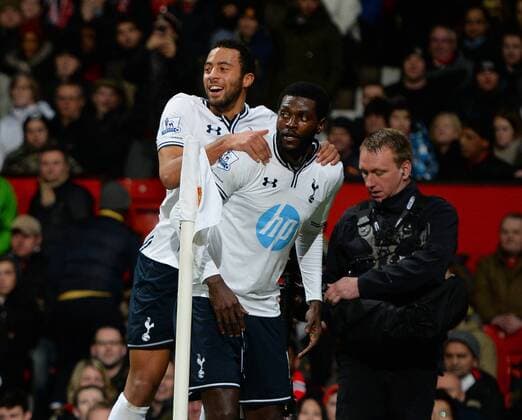 Emmanuel Adebayor of Tottenham celebrates scoring with a header - Barclays Premier League - Manchester Utd vs Tottenham - Old Trafford Stadium - Manchester - England - 1st January 2014 - Picture Simon Bellis Sportimage EDITORIAL USE ONLY. No use with unauthorised audio, video, data, fixture lists, club league logos or live services. Online in-match use limited to 120 images, no video emulation. No use in betting, games or single club league player publications.