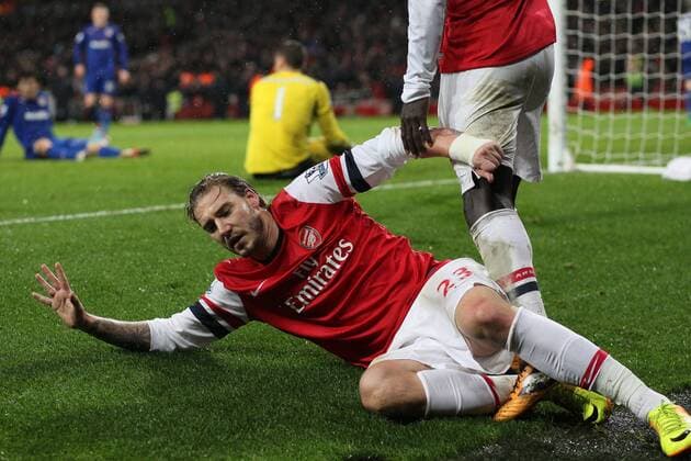 Arsenal s Nicklas Bendtner celebrates scoring his sides opening goal Arsenal vs Cardiff - Premier League - Emirates Stadium- London - England - 01 01 2014 - Pic David Klein Sportimage EDITORIAL USE ONLY. No use with unauthorised audio, video, data, fixture lists, club league logos or live services. Online in-match use limited to 120 images, no video emulation. No use in betting, games or single club league player publications.