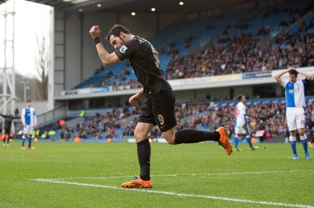 Alvaro Negredo of Manchester City celebrates his opening goal - Blackburn Rovers vs. Manchester City - FA Cup Third Round - Ewood Park - Blackburn - 04 01 2014 Pic Philip Oldham Sportimage EDITORIAL USE ONLY. No use with unauthorised audio, video, data, fixture lists, club league logos or live services. Online in-match use limited to 120 images, no video emulation. No use in betting, games or single club league player publications.