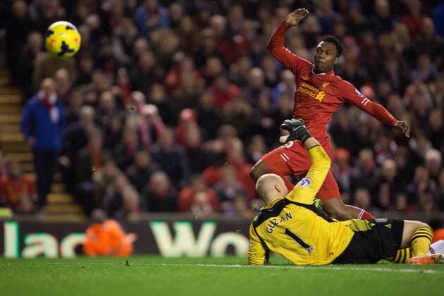 Daniel Sturridge of Liverpool scores his sides first goal - Liverpool FC vs. Aston Villa - Barclays Premier League - Anfield - Liverpool - 18 01 2014 Pic PhilipxOldham Sportimage EDITORIAL USE ONLY. No use with unauthorised audio, video, data, fixture lists, club league logos or live services. Online in-match use limited to 120 images, no video emulation. No use in betting, games or single club league player publications.
