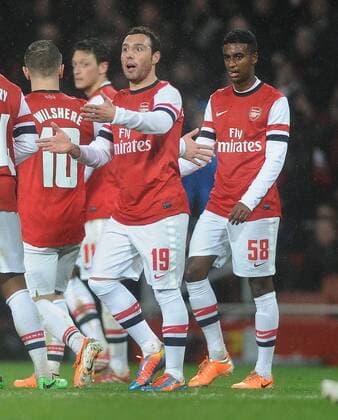 Football - 2013 2014 FA Cup - Fourth Round: Arsenal vs. Coventry City Arsenal s Santi Cazorla celebrates his goal with Gedion Zelalem at The Emirates. COLORSPORT ANDREW COWIE