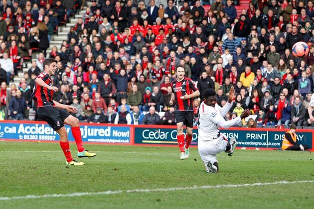 Football - 2013 2014 FA Cup - Fourth Round: AFC Bournemouth vs. Liverpool FC Bournemouth s Andrew Surman (on loan from Norwich City) has his goalbound shot deflected over the bar off Kolo Toure of Liverpool Colorsport ShaunxBoggust