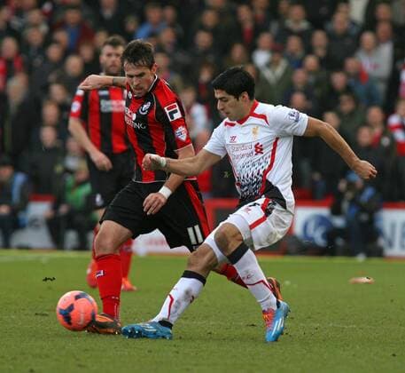 Football - 2013 2014 FA Cup - Fourth Round: AFC Bournemouth vs. Liverpool FC Luis Suarez of Liverpool flicks the ball round Bournemouth s Charlie Daniels at Dean Court The Goldsands Stadium Colorsport ShaunxBoggust
