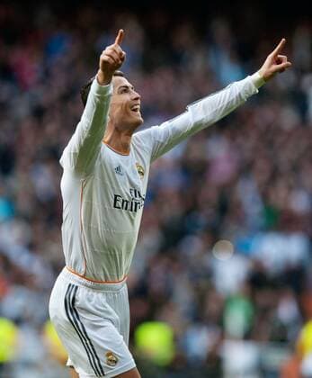 Real Madrid s Cristiano Ronaldo celebrates his goal during the Spanish first division soccer match against Granada in Madrid Jan. 25, 2014. Real Madrid won the match 2-0. (Xinhua Xie Haining) (SP)SPAIN-MADRID-SOCCER-SPANISH FIRST DIVISION