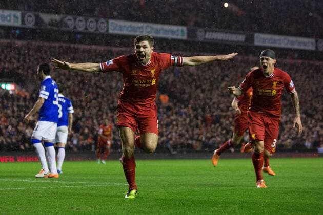 Steven Gerrard of Liverpool celebrates his opening goal - Liverpool FC vs. Everton FC - Barclays Premier League - Anfield - Liverpool - 28 01 2014 EDITORIAL USE ONLY. No use with unauthorised audio, video, data, fixture lists, club league logos or live services. Online in-match use limited to 120 images, no video emulation. No use in betting, games or single club league player publications.