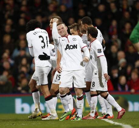 Manchester United s Wayne Rooney celebrates scoring his sides second goal Crystal Palace vs Manchester United - Premier League - Selhurst Park - London - England - 22 02 2014 - Pic David Klein Sportimage EDITORIAL USE ONLY. No use with unauthorised audio, video, data, fixture lists, club league logos or live services. Online in-match use limited to 120 images, no video emulation. No use in betting, games or single club league player publications.