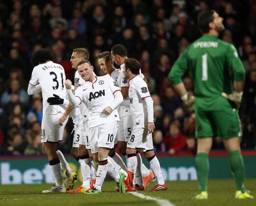 Manchester United s Wayne Rooney celebrates scoring his sides second goal Crystal Palace vs Manchester United - Premier League - Selhurst Park - London - England - 22 02 2014 - Pic David Klein Sportimage EDITORIAL USE ONLY. No use with unauthorised audio, video, data, fixture lists, club league logos or live services. Online in-match use limited to 120 images, no video emulation. No use in betting, games or single club league player publications.