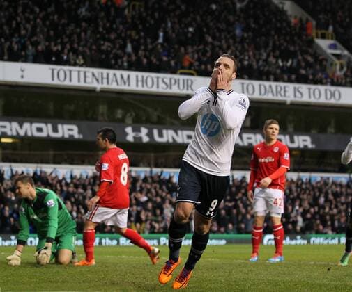 Tottenham s Roberto Soldado celebrates scoring his sides opening goal Tottenham vs Cardiff City - Premier League - White Hart Lane - London - England - 02 03 2014 - Pic David Klein Sportimage EDITORIAL USE ONLY. No use with unauthorised audio, video, data, fixture lists, club league logos or live services. Online in-match use limited to 120 images, no video emulation. No use in betting, games or single club league player publications.