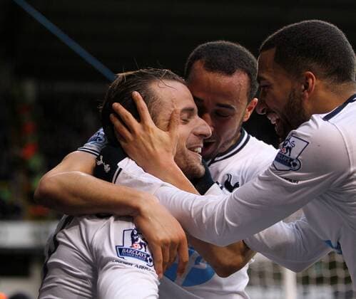 Tottenham s Roberto Soldado celebrates scoring his sides opening goal Tottenham vs Cardiff City - Premier League - White Hart Lane - London - England - 02 03 2014 - Pic David Klein Sportimage EDITORIAL USE ONLY. No use with unauthorised audio, video, data, fixture lists, club league logos or live services. Online in-match use limited to 120 images, no video emulation. No use in betting, games or single club league player publications.
