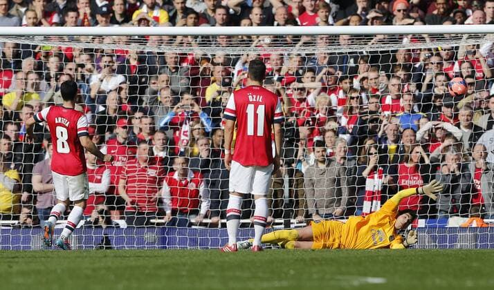 Arsenal s Mikel Arteta scoring his sides second goal Arsenal v Everton - FA Cup Quarter Final - Emirates Stadium - London - England - 08 03 2014 - Pic David Klein Sportimage EDITORIAL USE ONLY. No use with unauthorised audio, video, data, fixture lists, club league logos or live services. Online in-match use limited to 120 images, no video emulation. No use in betting, games or single club league player publications.