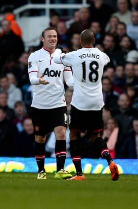 Manchester United s Wayne Rooney celebrates scoring his side s 2nd goal with Manchester United s Ashley Young - West Ham United v Manchester United (ManU) - Barclays Premier League - Upton Park Stadium - London - 22nd March 2014 - EDITORIAL USE ONLY. No use with unauthorised audio, video, data, fixture lists, club league logos or live services. Online in-match use limited to 120 images, no video emulation. No use in betting, games or single club league player publications.