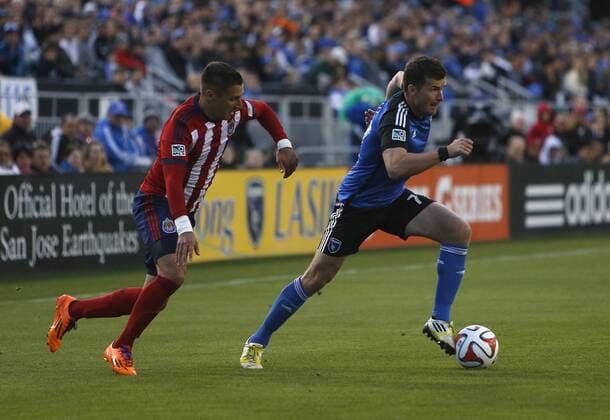 April 26, 2014 - Santa Clara, CA, USA - The San Jose Earthquakes Atiba Harris, right, Andreas Gorlitz goes after the ball against Chivas USA in the first half at Buck Shaw Stadium in Santa Clara, Calif., on Saturday, April 26, 2014. San Jose won, 1-0. Chivas USA at San Jose - ZUMAm67