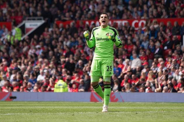 Vito Mannone of Sunderland celebrates his sides opening goal - Barclays Premier League - Manchester United vs. Sunderland - Old Trafford - Manchester - England - 3rd May 2014 - Pic by Philip Oldham SportImage EDITORIAL USE ONLY. No use with unauthorised audio, video, data, fixture lists, club league logos or live services. Online in-match use limited to 120 images, no video emulation. No use in betting, games or single club league player publications.