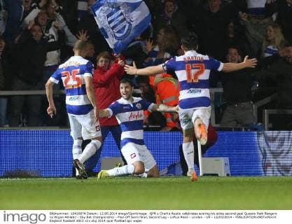 QPR s Charlie Austin celebrates scoring his sides second goal Queens Park Rangers vs Wigan Athletic - Sky Bet Championship - Play-Off Semi Final, Second Leg - Loftus Road - London - UK - 12 05 2014 - EDITORIAL USE ONLY. No use with unauthorised audio, video, data, fixture lists, club league logos or live services. Online in-match use limited to 120 images, no video emulation. No use in betting, games or single club league player publications.