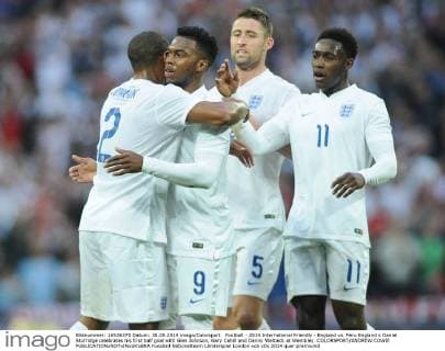 Football - 2014 International Friendly - England vs. Peru England s Daniel Sturridge celebrates his first half goal with Glen Johnson, Gary Cahill and Danny Welbeck at Wembley. COLORSPORT ANDREW COWIE