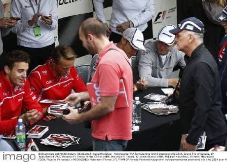 Motorsports: FIA Formula One World Championship 2014, Grand Prix of Canada, 17 Jules Bianchi (FRA, Marussia F1 Team), 4 Max Chilton (GBR, Marussia F1 Team), 22 Jenson Button (GBR, McLaren Mercedes), 20 Kevin Magnussen (DEN, McLaren Mercedes), xHOCHxZWEIx