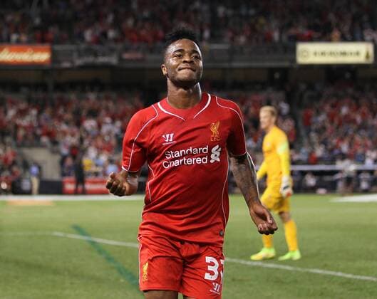 Liverpool s Raheem Sterling celebrates scoring his sides second goal - International Champions Cup 2014 - Manchester City vs Liverpool - Yankee Stadium - New York - USA - 30th July 2014 - Picture David Klein Sportimage EDITORIAL USE ONLY. No use with unauthorised audio, video, data, fixture lists, club league logos or live services. Online in-match use limited to 120 images, no video emulation. No use in betting, games or single club league player publications.