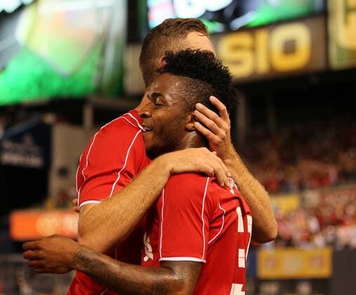 Liverpool s Raheem Sterling celebrates scoring his sides second goal - International Champions Cup 2014 - Manchester City vs Liverpool - Yankee Stadium - New York - USA - 30th July 2014 - Picture David Klein Sportimage EDITORIAL USE ONLY. No use with unauthorised audio, video, data, fixture lists, club league logos or live services. Online in-match use limited to 120 images, no video emulation. No use in betting, games or single club league player publications.