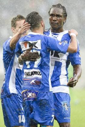 20140817 - GENT, BELGIUM: Gent s Danijel Milicevic and Gent s Habib Habibou celebrate after scoring during the Jupiler Pro League match between KAA Gent and Zulte Waregem, in Gent, Sunday 17 August 2014, on day 4 of the Belgian soccer championship. LAURIExDIEFFEMBACQ 04280388