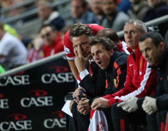 Manchester United s Louis Van Gaal looks on dejected - Capital One Cup, Second Round - Milton Keynes Dons FC vs Manchester United (ManU) - Milton Keynes - England - 26th August 2014 - EDITORIAL USE ONLY. No use with unauthorised audio, video, data, fixture lists, club league logos or live services. Online in-match use limited to 120 images, no video emulation. No use in betting, games or single club league player publications.