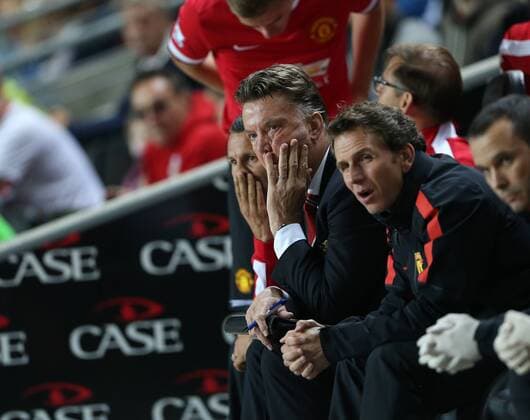 Manchester United s Louis Van Gaal looks on dejected - Capital One Cup, Second Round - Milton Keynes Dons FC vs Manchester United (ManU) - Milton Keynes - England - 26th August 2014 - EDITORIAL USE ONLY. No use with unauthorised audio, video, data, fixture lists, club league logos or live services. Online in-match use limited to 120 images, no video emulation. No use in betting, games or single club league player publications.