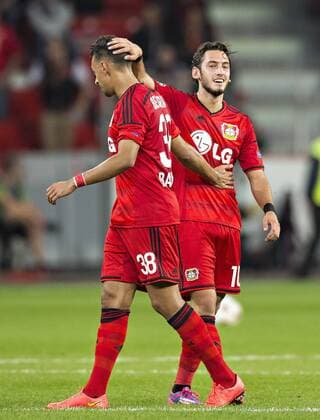 Leverkusen, 27.08.2014, BayArena Torjubel: Karim Bellarabi (Bayer), Hakan Calhanoglu (Bayer) Bayer Leverkusen - FC Kopenhagen mm