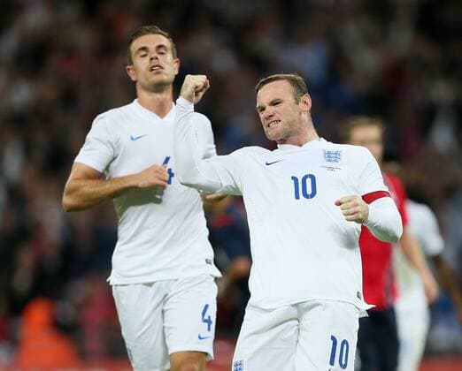 England s Wayne Rooney celebrates scoring his sides opening goal - International Friendly - England Vs Norway - Wembley Stadium - England - 3rd September 2014 - Picture David Klein Sportimage EDITORIAL USE ONLY. No use with unauthorised audio, video, data, fixture lists, club league logos or live services. Online in-match use limited to 120 images, no video emulation. No use in betting, games or single club league player publications.
