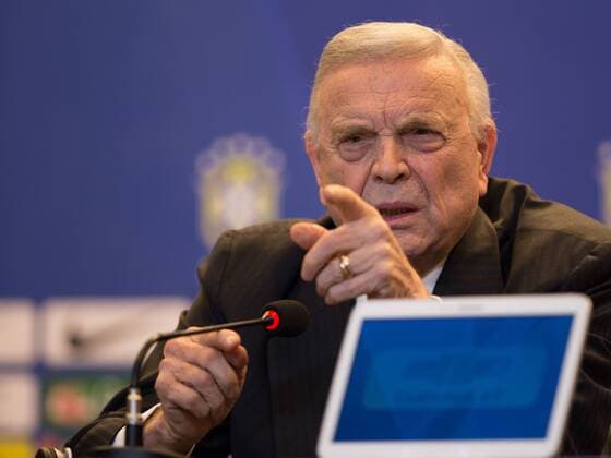 RIO DE JANEIRO, Sept. 17, 2014 -- Jose Maria Marin, President of the Brazilian Football Confederation (CBF, its acronym in Spanish), takes part in a press conference in Rio de Janeiro, Brazil, on Sept. 17, 2014. The list of players of the Brazilian National Football Team which will play the America classic game against Argentina in Beijing, capital of China, on Oct. 11, was announced during the press conference on Wednesday. ) (jp) (ah) (SP)BRAZIL-RIO DE JANEIRO-SOCCER-NATIONAL TEAM XuxZijian