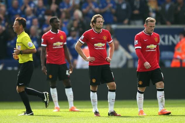 Wayne Rooney, Tyler Blackett and Daley Blind of Manchester United dejected - Barclays Premier League - Leicester City vs Manchester Utd - King Power Stadium - Leicester - England - 21st September 2014 - Picture Simon Bellis Sportimage EDITORIAL USE ONLY. No use with unauthorised audio, video, data, fixture lists, club league logos or live services. Online in-match use limited to 120 images, no video emulation. No use in betting, games or single club league player publications.