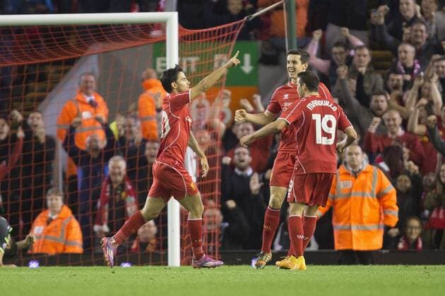 Suso of Liverpool celebrates his goal - Liverpool vs. Middlesbrough - Capital One League Cup - Anfield - Liverpool - 23 09 2014 Pic Philip Oldham Sportimage EDITORIAL USE ONLY. No use with unauthorised audio, video, data, fixture lists, club league logos or live services. Online in-match use limited to 120 images, no video emulation. No use in betting, games or single club league player publications.