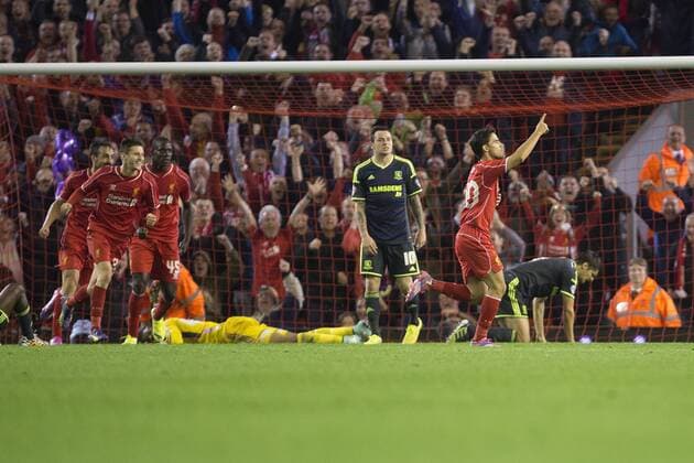 Suso of Liverpool celebrates his goal - Liverpool vs. Middlesbrough - Capital One League Cup - Anfield - Liverpool - 23 09 2014 Pic Philip Oldham Sportimage EDITORIAL USE ONLY. No use with unauthorised audio, video, data, fixture lists, club league logos or live services. Online in-match use limited to 120 images, no video emulation. No use in betting, games or single club league player publications.