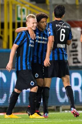 - BRUGGE, BELGIUM: Club s Felipe Gedoz De Conceicao (C) celebrates with his teammates after scoring during a Cofidis Cup 1 16 final game between Club Brugge and Eendracht Aalst (D2), in Brugge, Wednesday 24 September 2014. KURTxDESPLENTER 04336550
